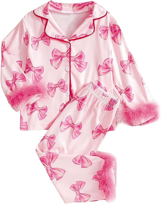 Red Pajamas Kids Girls New Lapel Bow Print Long Sleeve Long Pants Feather Fashion Comfortable Hoo... | Amazon (US)