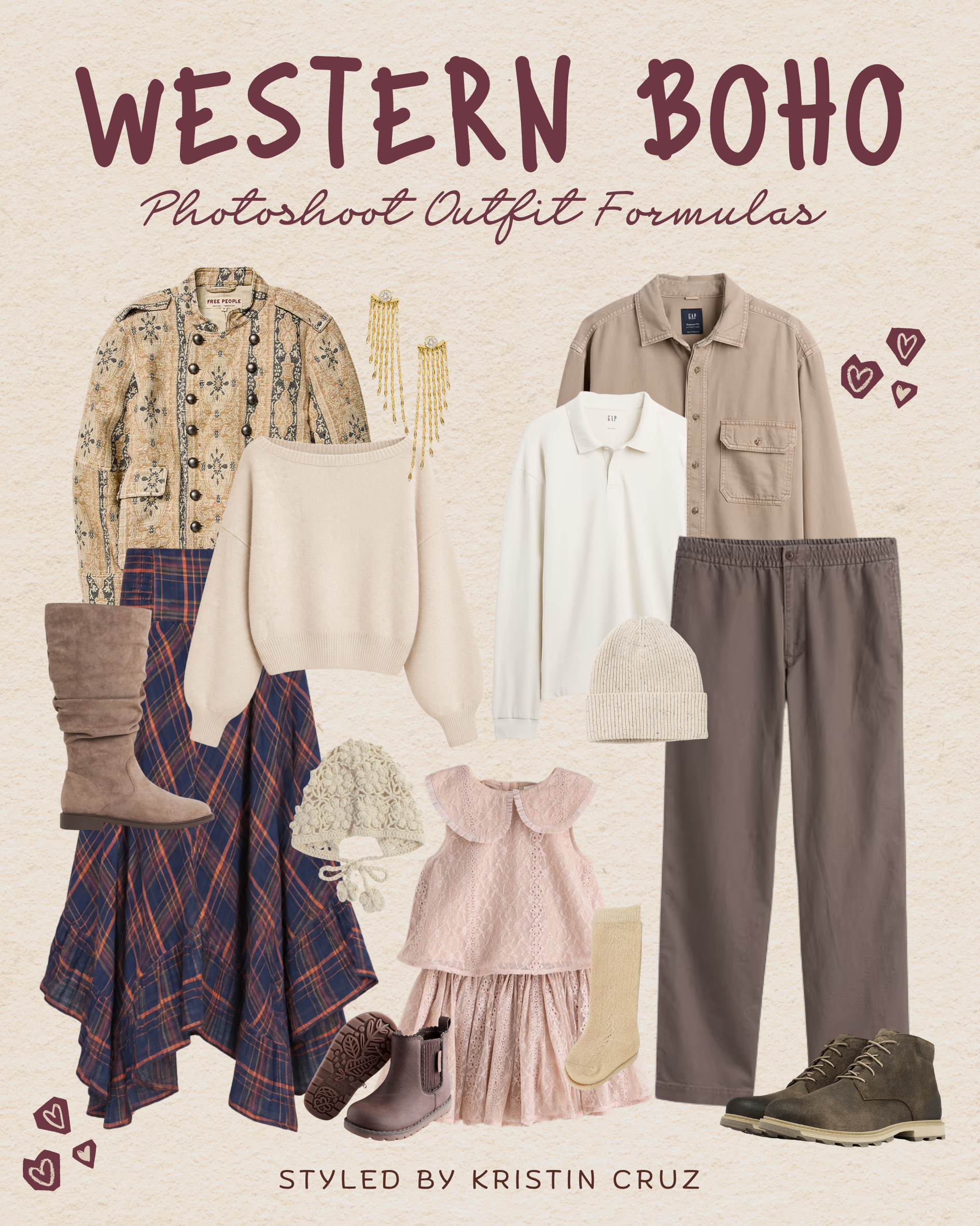 If your family loves a little western flair without going full costume, this is the palette. Patterned jacket, plaid maxi skirt, suede boots for mom, tan and olive neutrals for dad, and the sweetest pink lace top for the little one. Every piece has texture, but nothing fights for attention. 

 #LTKmomlife #LTKSeasonal #LTKKids