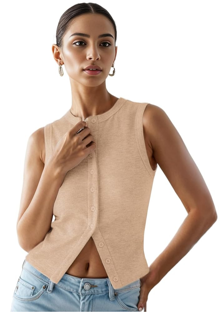 Women’s Button Down Tank Tops Ribbed Summer Vest Button Up Open Front Sleeveless Slim Fit Crop ... | Amazon (US)