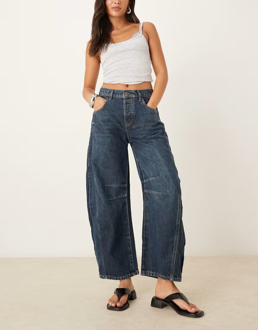 Free People good luck mid rise barrel leg jeans in deep end blue | ASOS (Global)