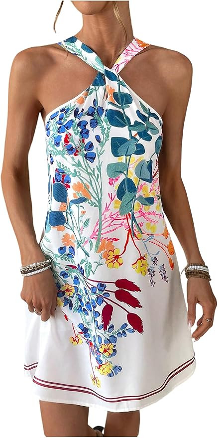 Floerns Women's Boho Floral Print Halter Mini Dress Sleeveless A Line Beach Vacation Tank Dresses | Amazon (US)