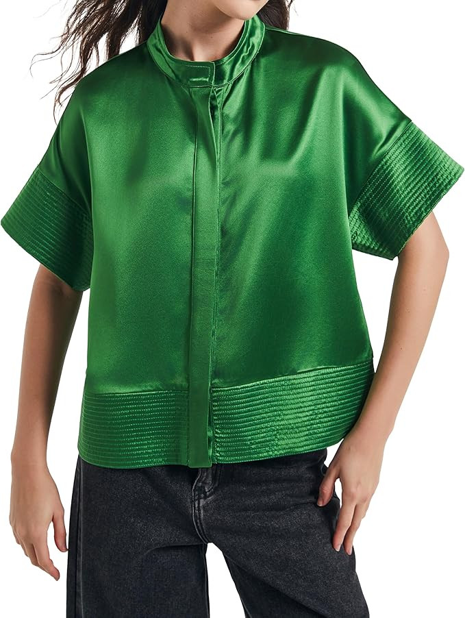 D-Sun Women's Short Sleeve Shirts Loose Cropped Pleated Button Down Shirts Stand Collar Summer Dr... | Amazon (US)