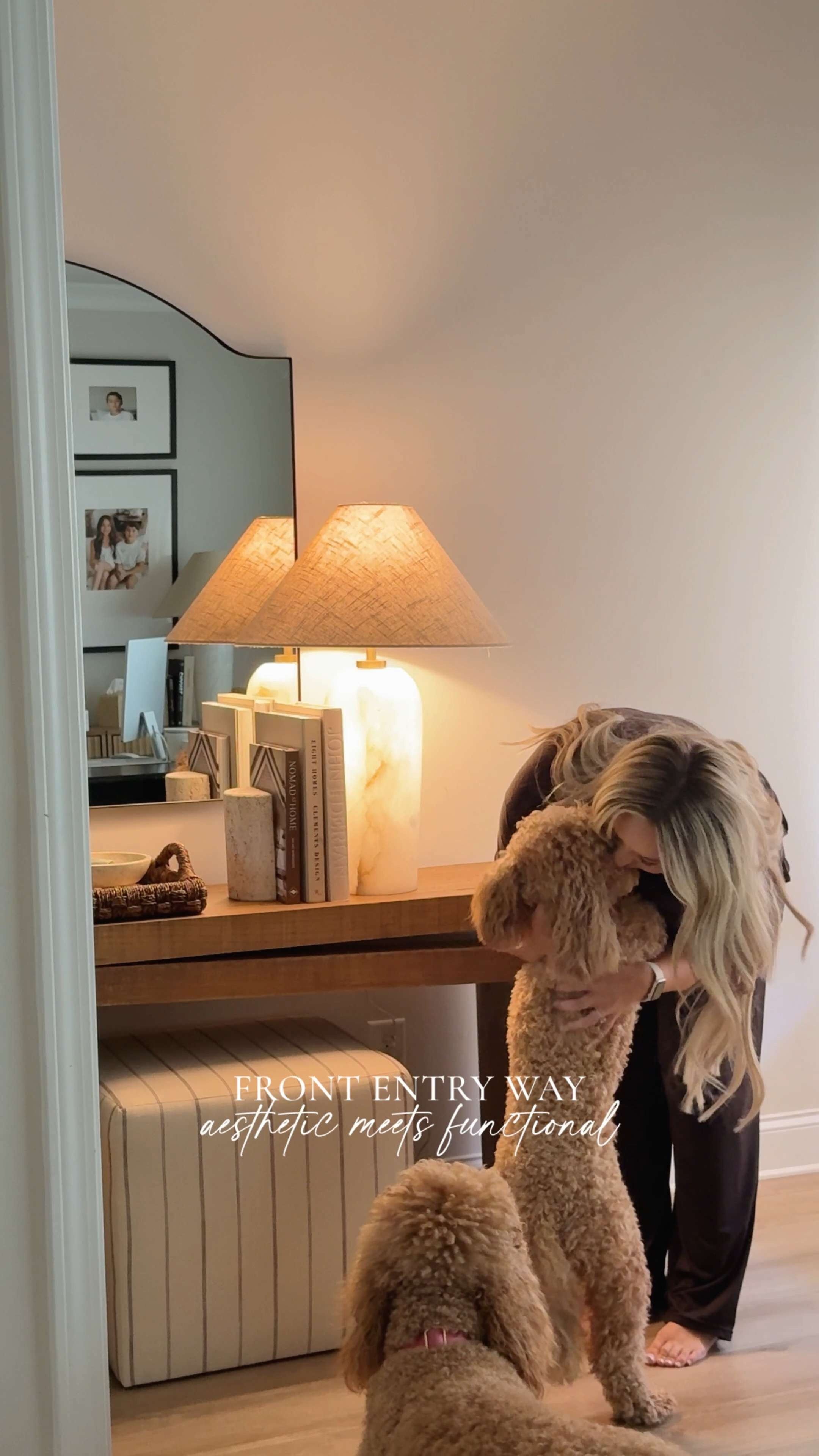 Aesthetic and functional will always be my fave combo 🫶🏼 

In our front entryway, every piece serves a purpose. The wicker tray adds texture while acting as a catch all, and the marble bowl helps keep smaller items organized. A decorative storage box hides all of those extra little things that tend to collect near the door.

The alabaster lamp is one of my favorite details because the base lights up, making it the perfect night light. The striped ottomans provide extra seating when needed and tuck neatly under this solid wood console table.

And my favorite FBMP find? The wicker trunk in the nook. It stores all of our shoes and was the perfect addition to this space.