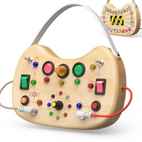 UdoUto Montessori Wooden Busy Board for Toddlers with LED Light Lights & Switches,Portable Activity Board for Car & Airplane Travel Toys, Christmas & Birthday Gift for 1-3 Year Old Boys & Girls | Amazon (US)