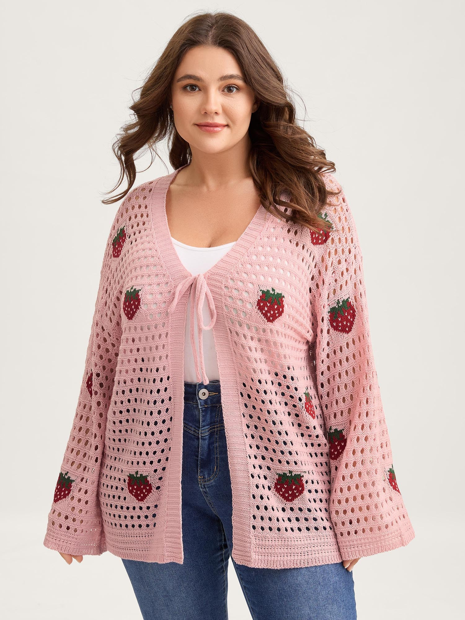 Strawberry Jacquard Embroidery Tie Knit Cardigan | Bloomchic