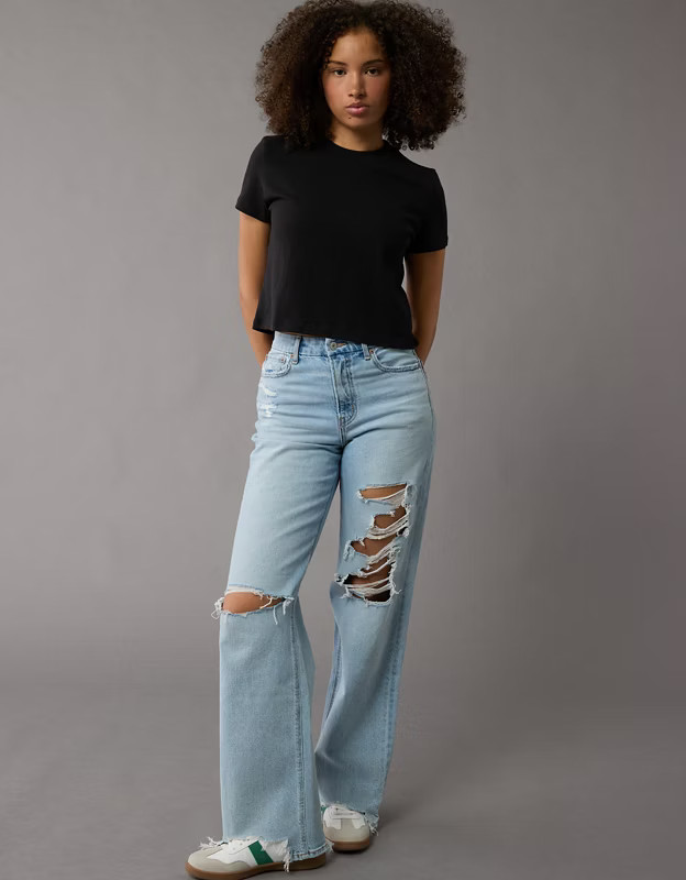 AE Strigid Curvy Ripped Super High-Waisted Baggy Straight Jean | American Eagle Outfitters (US & CA)