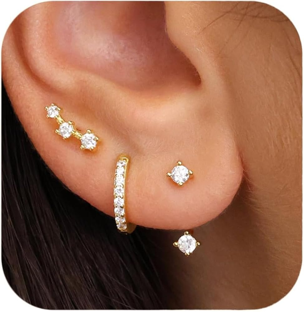 FIASASO 3 Pairs 925 Sterling Silver Hypoallergenic Earrings Set for Multiple Piercing Dainty 14K ... | Amazon (US)