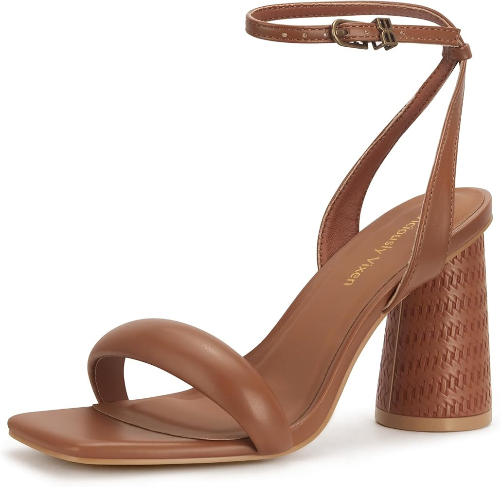 Women's Block High Heels Square Open Toe Strappy Sandals Party Wedding Ankle Strap Shoes | Amazon (US)