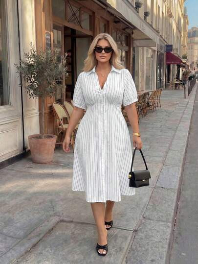 Easura Plus Size Women's Elegant Commuter V-Neck Striped Print A-Line Short Sleeve Dress, Sum... | SHEIN