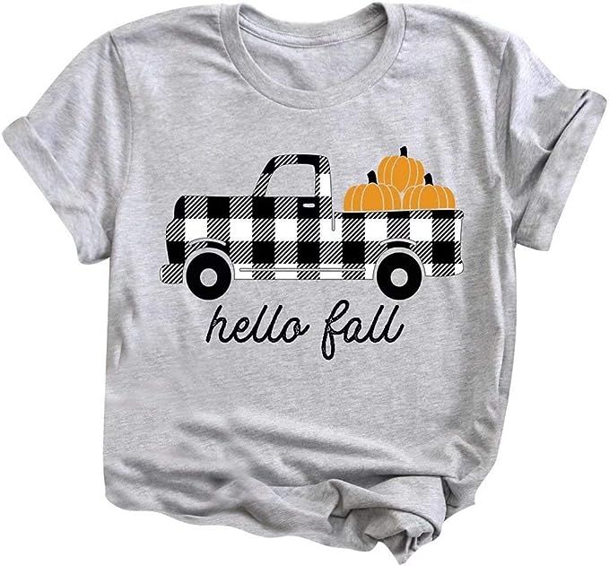 Hello Fall T Shirt Womens Pumpkin Buffalo Plaid Truck Graphic Tee Tops Halloween Short Sleeve Cas... | Amazon (US)