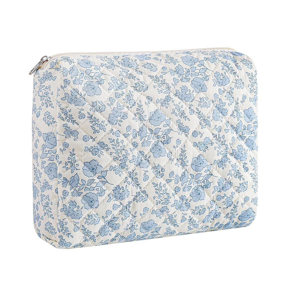 Cute Floral Makeup Bag Large Cotton Quilted Cosmetic Bag, Aesthetic Essential Bag Toiletry Period... | Amazon (US)