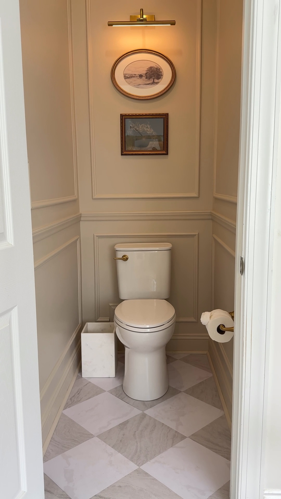 Water closet doesn’t have to be
Boring! Here is what I did to ours:

- New toilet with brass toilet handle and toilet paper holder
- Peel & Stick tiles which elevated the entire space
- Paint: Accessible Beige by Sherwin Williams

#diy #hometransformation 

#LTKHome #LTKMens #LTKFamily