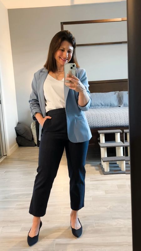 Different shades of blue

Wearing 0 short in the denim like ankle pants; size small in Walmart blazer; size xs in v-neck blouse

#LTKVideo #LTKworkwear #LTKshoecrush