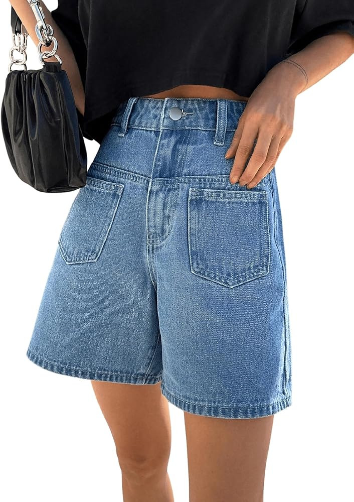SweatyRocks Women's Casual High Waist Straight Leg Jean Shorts Raw Hem Denim Bermuda Shorts | Amazon (US)