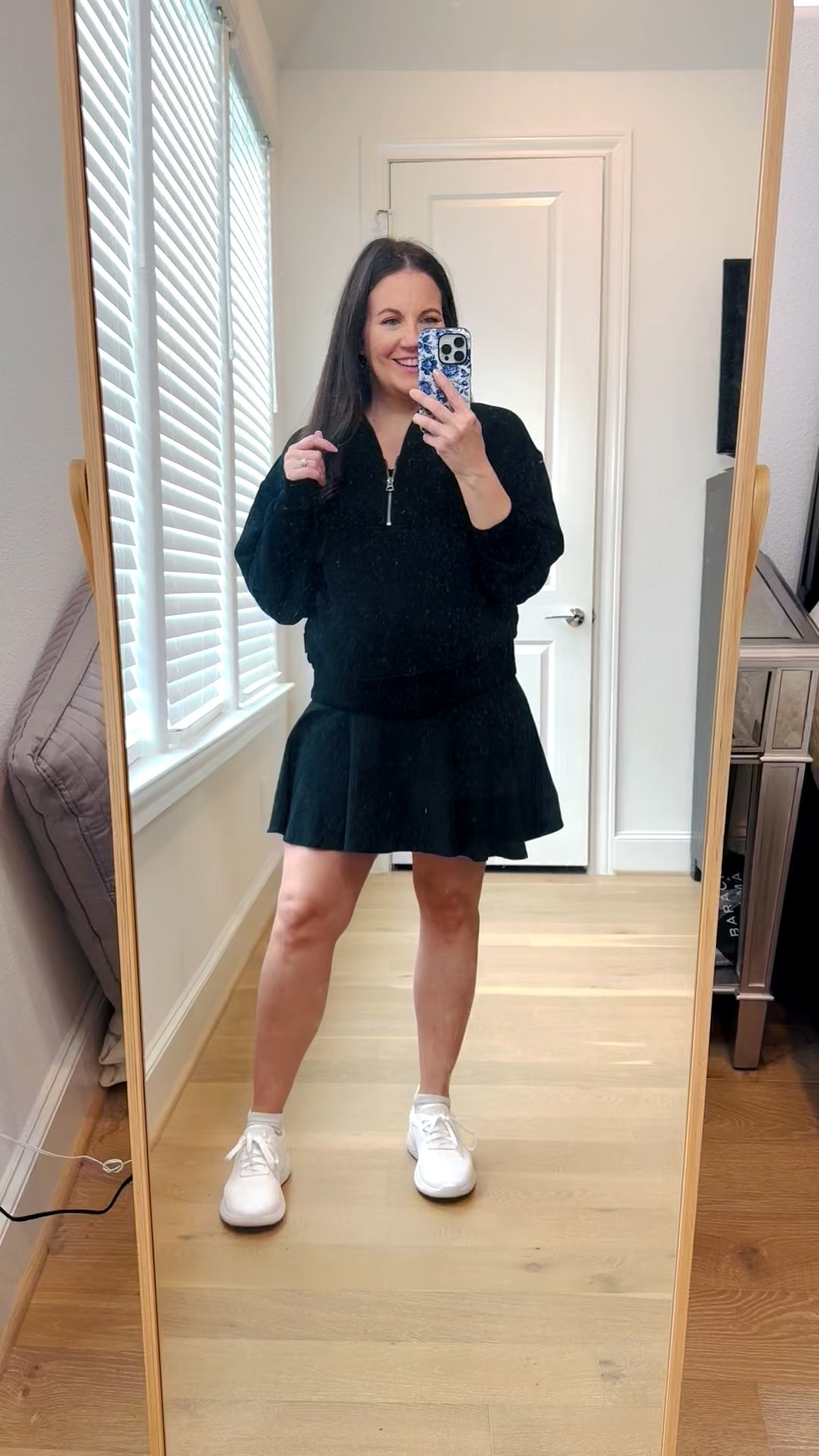 Fall outfit / maternity outfit / all black outfit / black half zip pullover sweater size sm / black maternity skirt with shorts size sm / white slip on sneakers / black maternity tee / pregnancy outfits 

#LTKPetite #LTKBump #LTKSeasonal