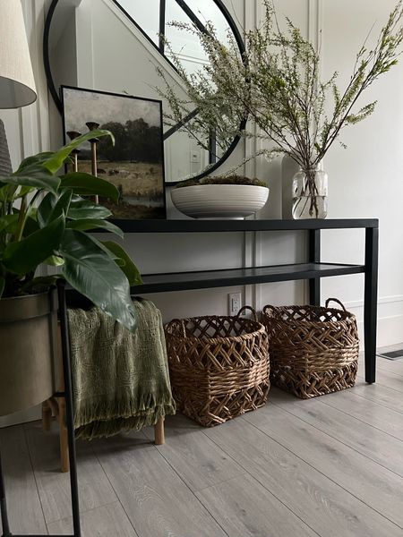 Earthy neutrals/ console styling. 
Modern organic home decor, entryway 