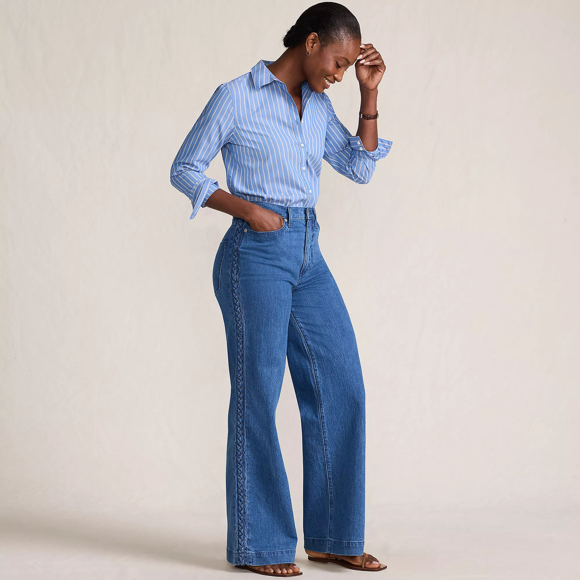 Women's Soft Denim High Rise Wide Leg Braided Jeans | Lands' End (US)