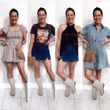 Country concert outfit ideas from Amazon! 
1. Romper (tts to small), cowboy boots (tts) and fringe crossbody
2. Jean skort, graphic tee (tts), cowboy boots
3. Fringe bodysuit/fringe top (tts), Jean skirt (tts), cowboy boots
4. Jean dress (tts), fringe purse, cowboy boots



#LTKover40 #LTKfindsunder50 #LTKFestival