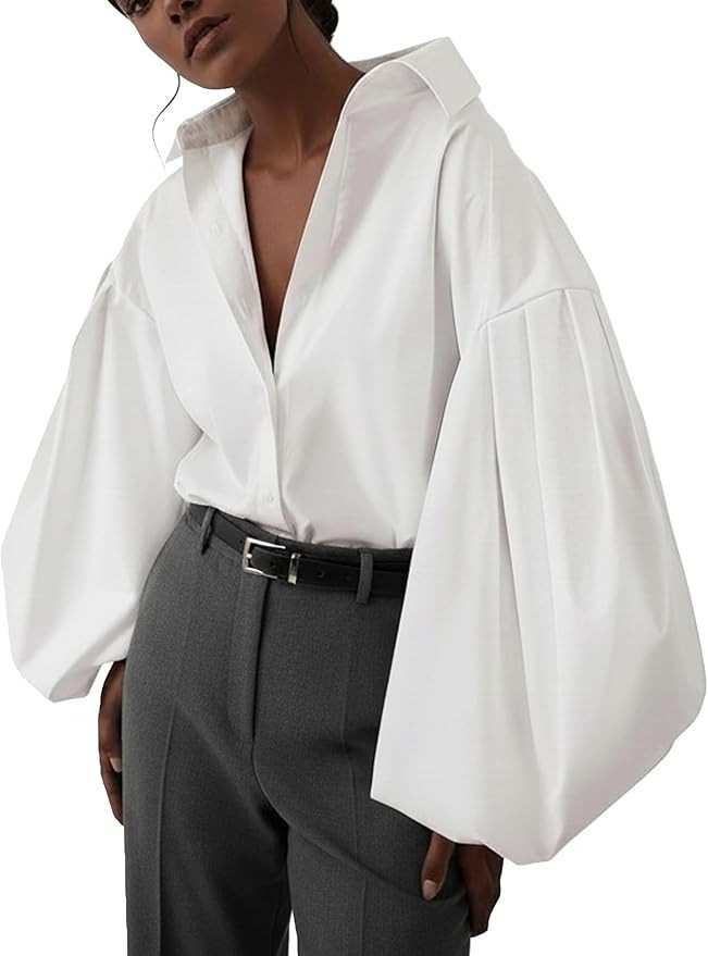 Women's Lapel Collar Button Down Lantern Long Sleeve Blouse Shirt Top | Amazon (US)