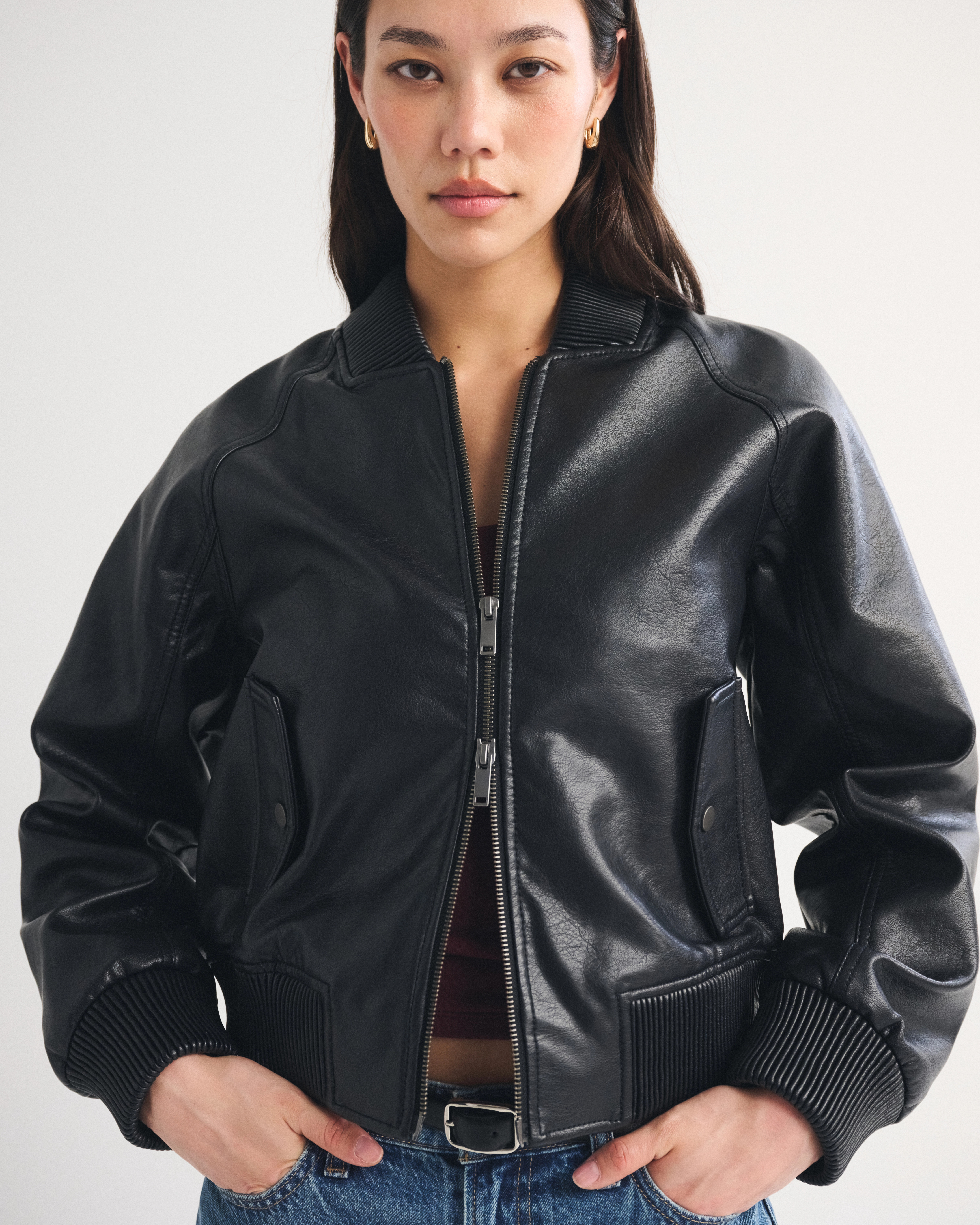 Vegan Leather Shrunken Military Bomber Jacket | Abercrombie & Fitch (US)