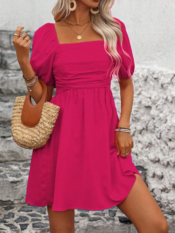 Breezaya Women's Summer Solid Color Square Neck Short Puff Sleeve Pleated Mini Elegant Dress Vaca... | SHEIN