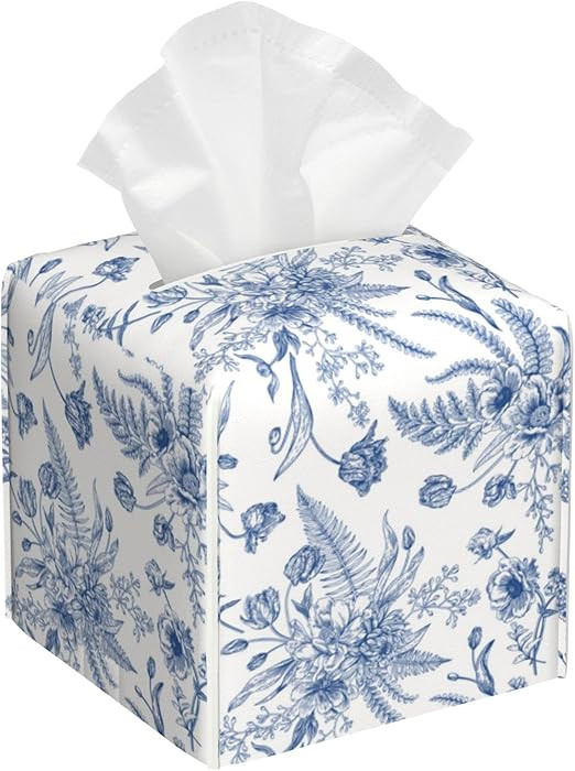 Blue Flowers Tissue Box Cover Square,Tissue Box Holder with Belt Bottom,Stylish Leather Napkin Ho... | Amazon (US)