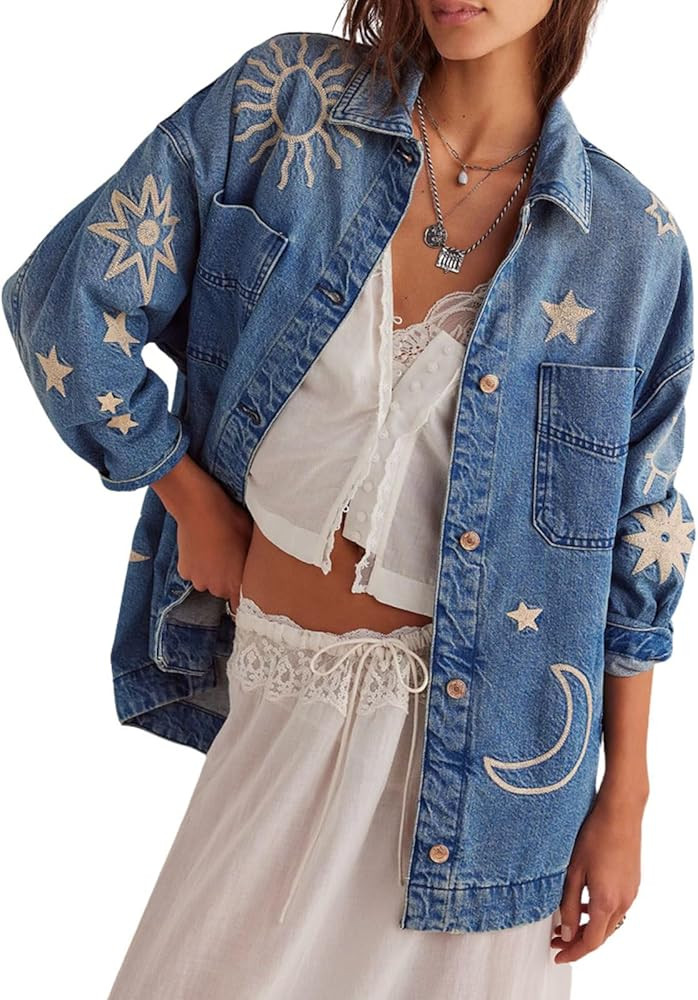utcoco Women's Vintage Oversized Denim Jacket Embroidered Graphic Casual Loose Fit Button Down Je... | Amazon (US)