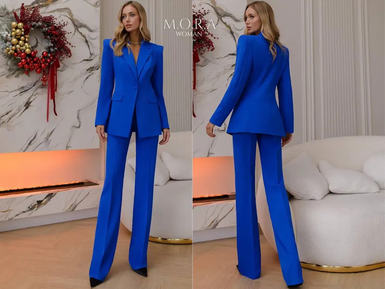 Electric Blue Womens Pantsuit Longline Blazer & Straight High Waist Trousers Elegant Formal Suit ... | Etsy (US)