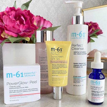 #ad
Today over on my IG stories I'm sharing my favorite product picks from @Bluemercury's M-61 line.  If you haven't tried their products yet, you really should!  This line is available only at Bluemercury, and is one of those lines where every single product is amazing.  I've loved everything I tried from them!

I have rosacea and my skin is easily irritated, but some of my go-to products are included here.  Here you see a 1 step peel (perfect for travel) that I can use 1-2x a week for improved texture and tone, a toner that really soothes my skin if I've spent too long in the sun, a gentle cleanser that works for every skin type, an amazing tinted moisturizer (it also comes in a mineral, untinted version) and the lightest weight but super hydrating serum.

Right now you can get 20% off your M-61 purchase with the code M61LTK20 until 8/30, and if you spend over $100 you get a Hydraboost Serum 2.0 for free!

What M-61 products have become your favorites?

#skincare 

#LTKunder50 #LTKFind #LTKbeauty