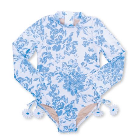 Blue Bouquet Girls One Piece Long Sleeve Swimsuit 6m-10 | Shade Critters