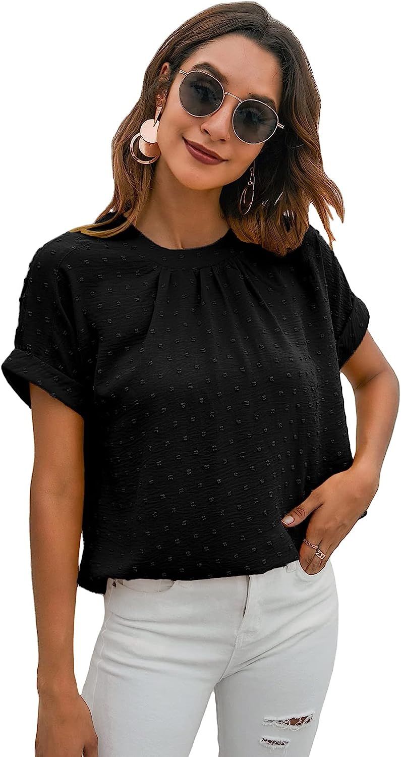 Milumia Women's Casual Swiss Dots Chiffon Ruffle Front Short Sleeve Work Office Blouse Top | Amazon (US)