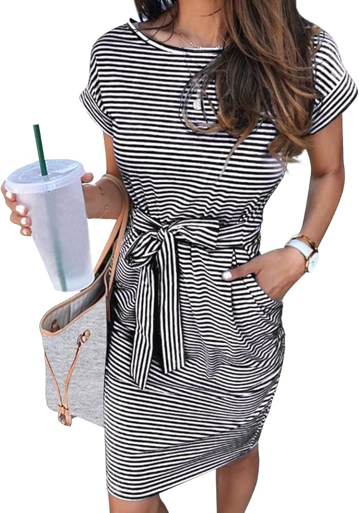 MEROKEETY Women's Summer Striped Short Sleeve T Shirt Dress Casual Tie Waist with Pockets | Amazon (US)