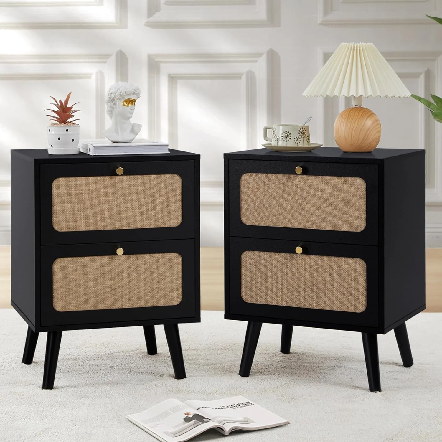 AVZEAR Mid Century Night Stand Set of 2, Modern Nightstand with 2 Drawers & Curved Linen Panel, F... | Walmart (US)