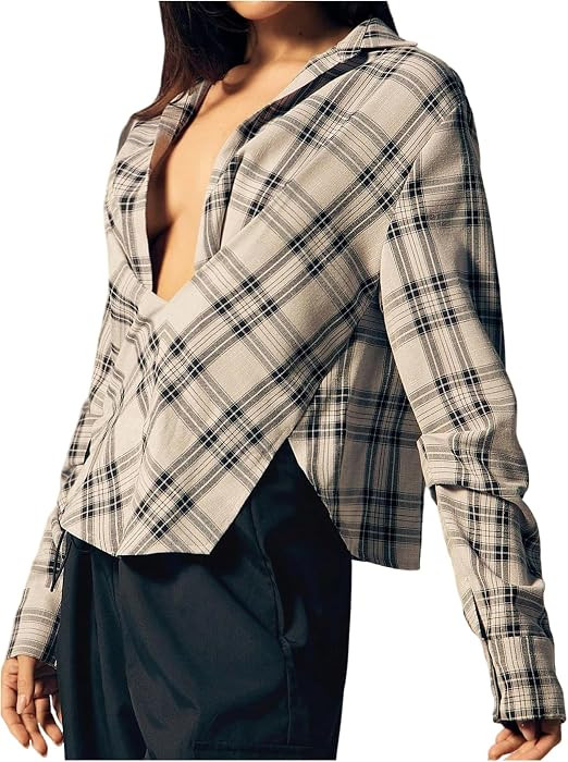 Floerns Women's Plaid Button Down Collared Long Sleeve Shirt Blouse Top | Amazon (US)
