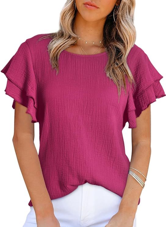 Dokotoo Womens Tops Ruffle Short Sleeve Crewneck Shirts Solid Casual Loose Babydoll Blouses | Amazon (US)