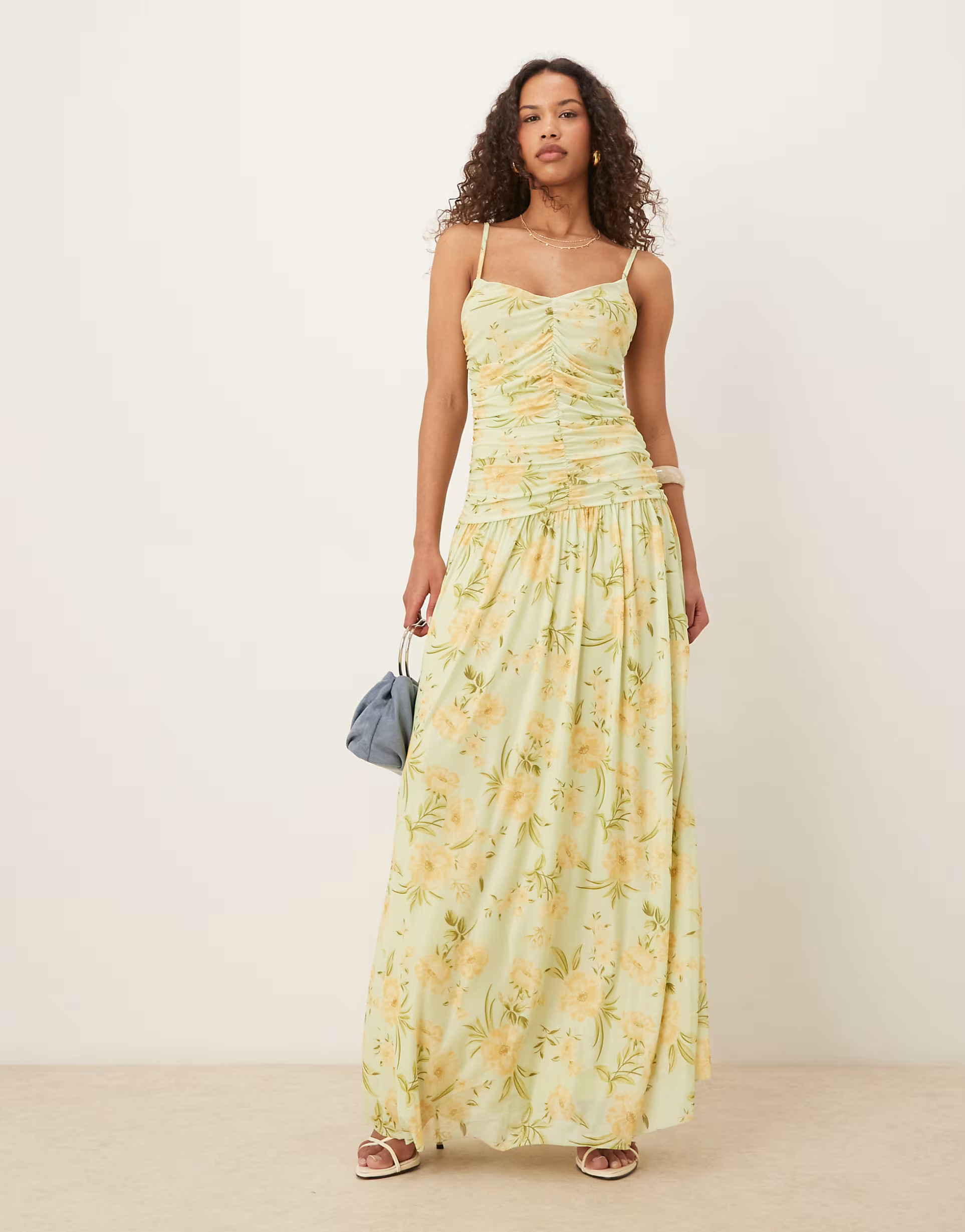 Vila ruched mesh maxi dress in yellow floral print | ASOS (Global)