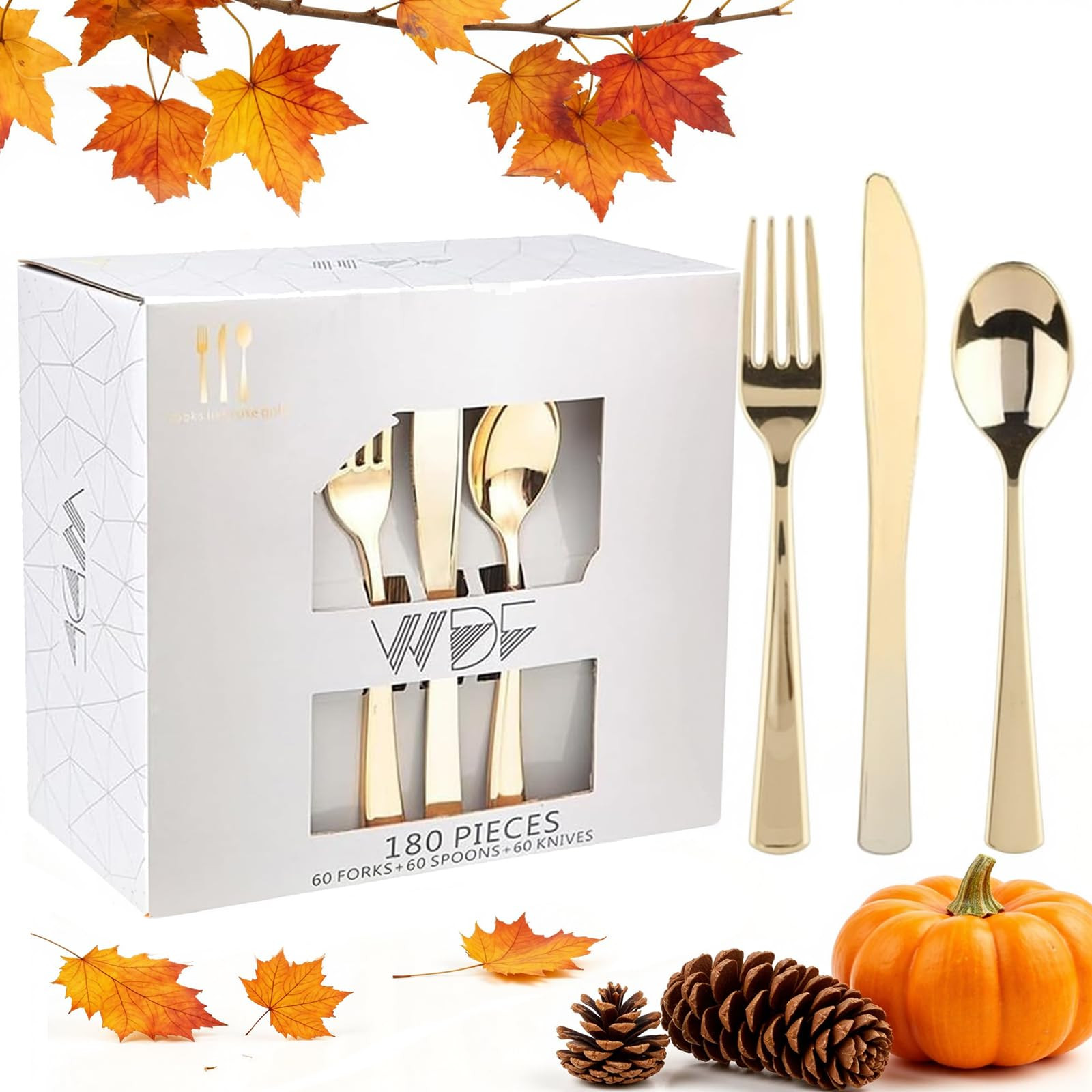WDF 180 Pieces Disposable Plastic Gold Silverware Cutlery - Disposable Flatware Set 60 Forks, 60 ... | Amazon (US)