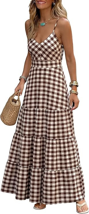 Caracilia Summer Maxi Dresses for Women Spaghetti Strap Back Smocked A Line V Neck Casual Long Dr... | Amazon (US)