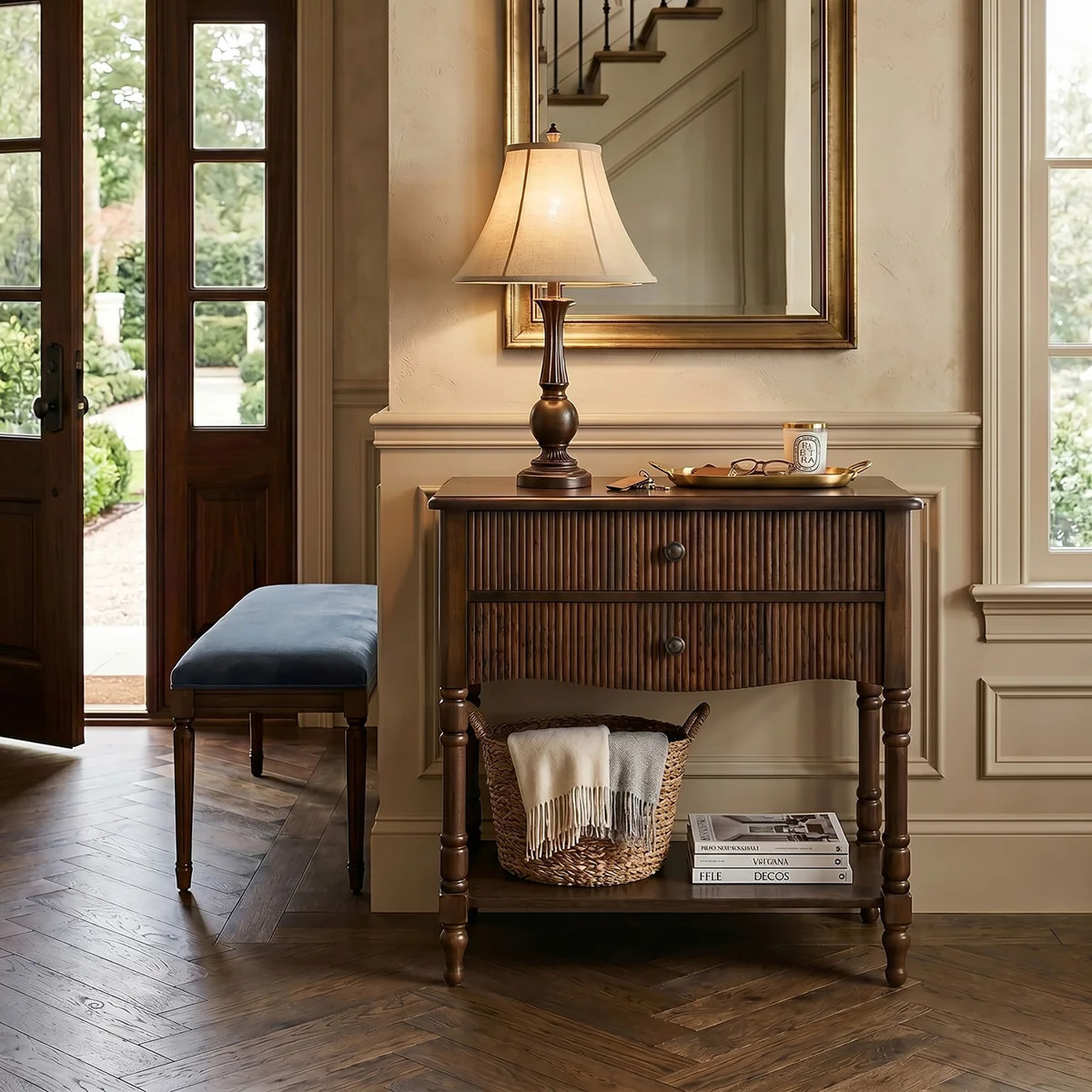 Falgout Transitional 30"W 31"Tall 2-Drawer Fluted Curved End Table with Solid Wood Columns | Wayfair North America