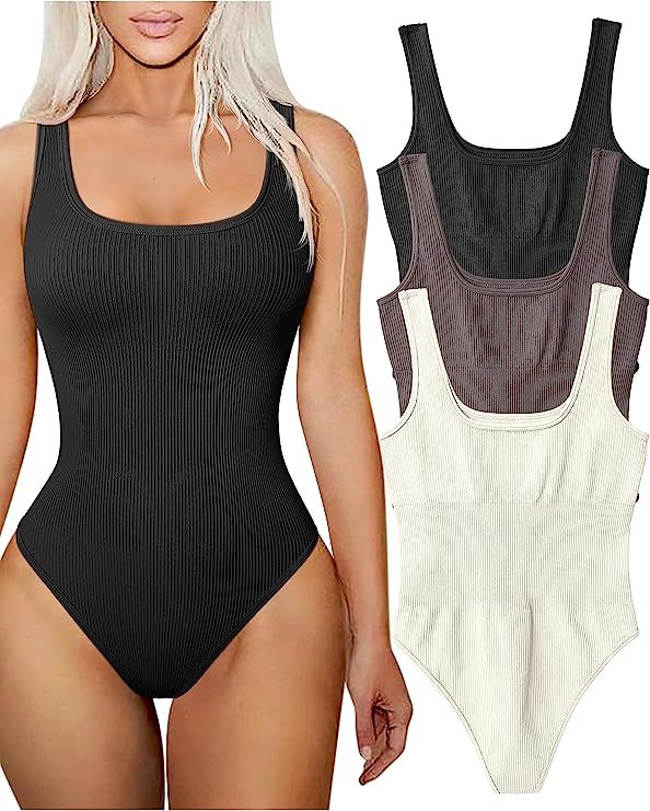 TOB Women's 3 Piece Bodysuits Sexy Ribbed Square Neck Sleeveless Tank Tops Bodysuits | Amazon (US)