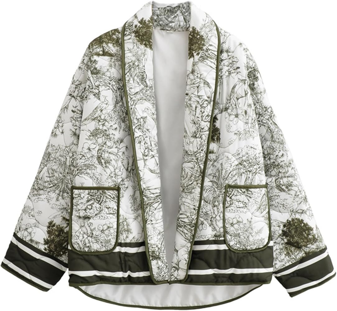 Omoone Women's Quilted Jacket Cardigan Lightweight Floral Print Open Front Padded Puffer Jackets | Amazon (US)