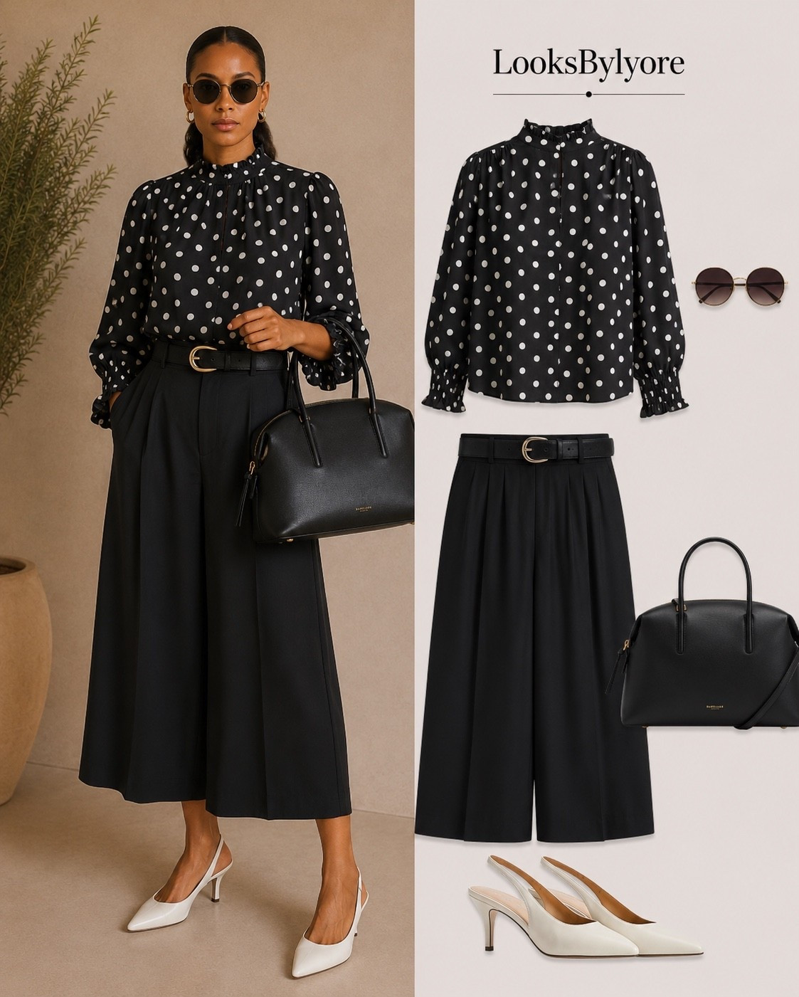 Polka dot top , black culottes, sling back heels and demellier bag.

#LTKootd #LTKMidsize