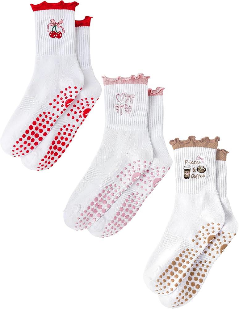 Yawlsow Cute Pilates Grip Socks for Women Ruffle Frilly Yoga Socks Non Slip Cotton Crew Grippy So... | Amazon (US)