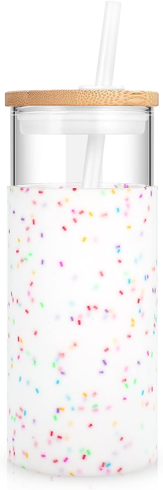 tronco 20oz Glass Tumbler Straw Silicone Protective Sleeve Bamboo Lid - BPA Free (Colorful spots) | Amazon (US)