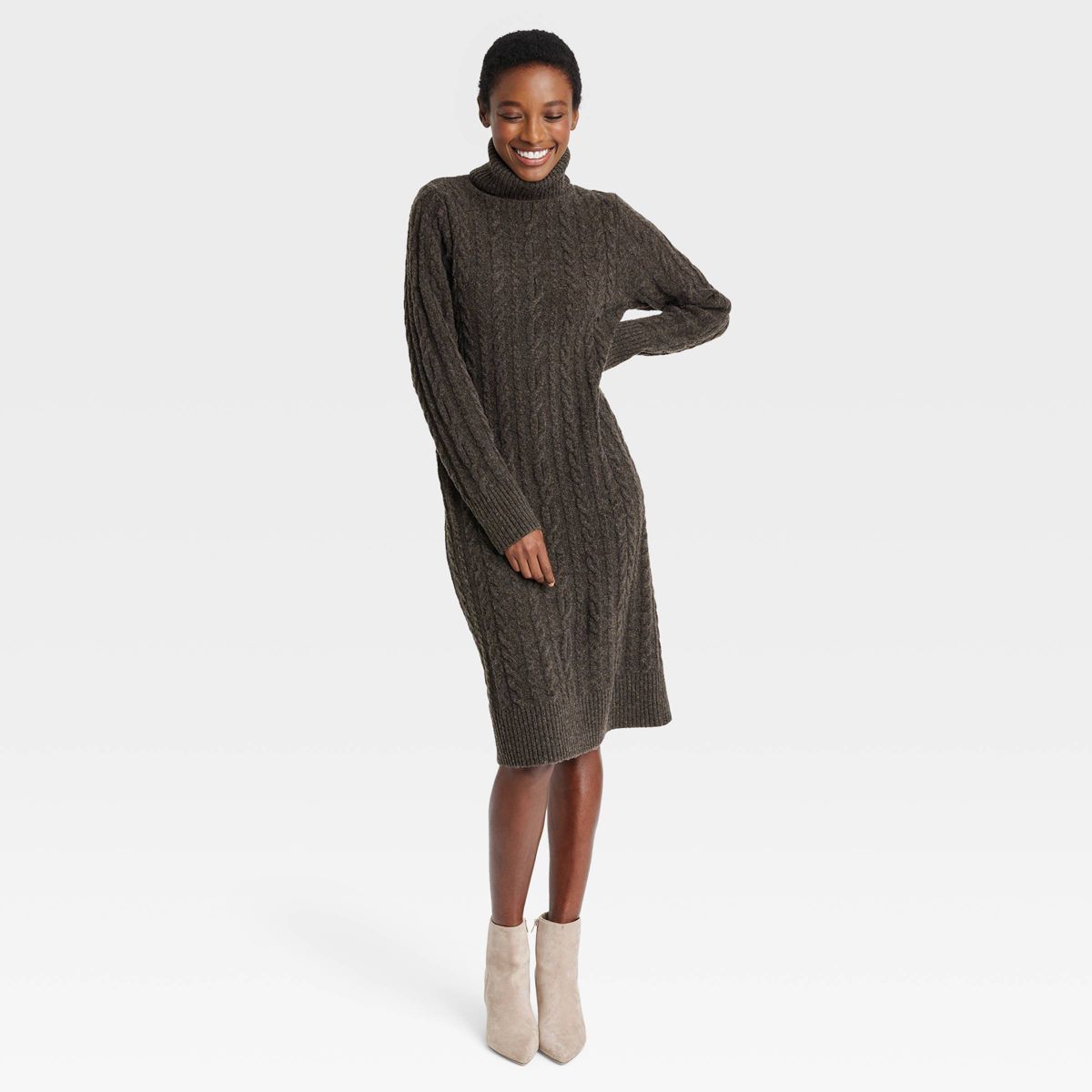 Women's Turtleneck Long Sleeve Cozy Sweater Dress - A New Day™ Brown XS | Target