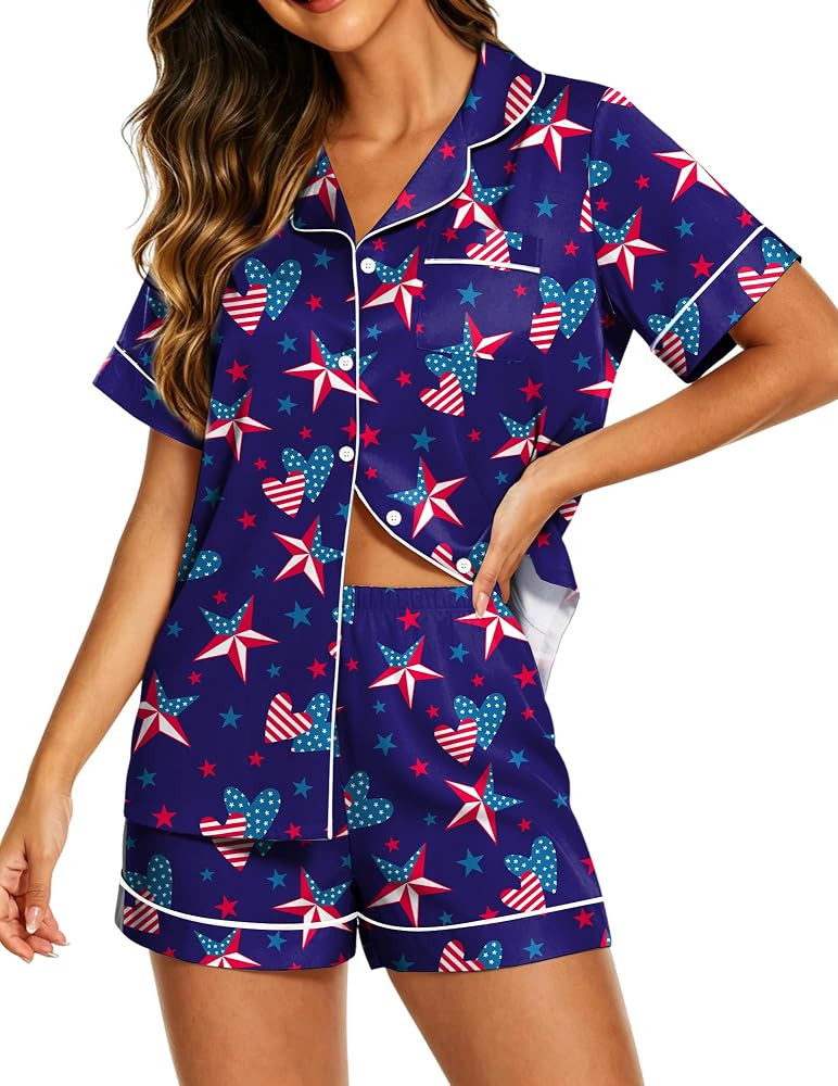 hohololo Womens 4th of July Pajamas Patriotic Shirt American Flag Short Sleeve Button Down Top an... | Amazon (US)