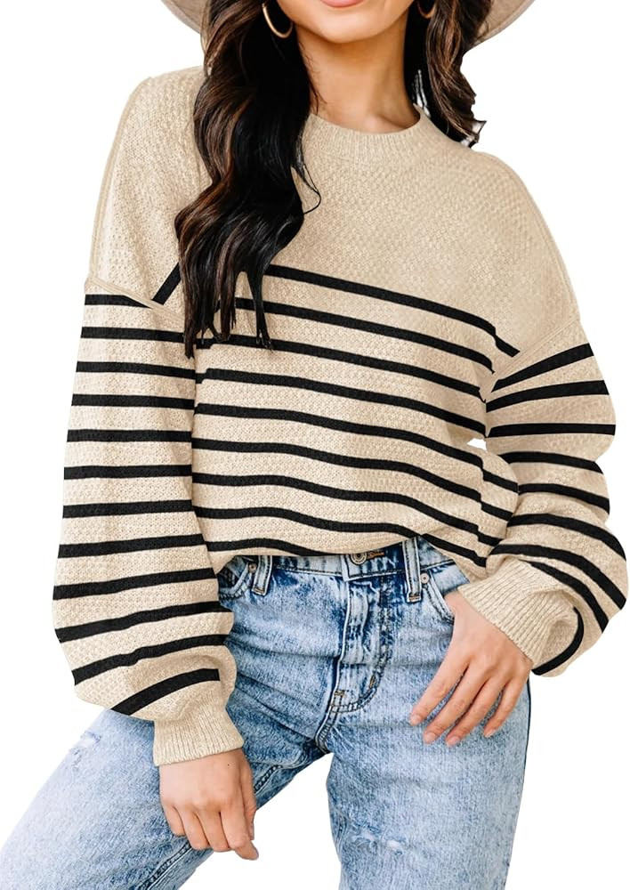 Womens Sweaters Fall 2024 Fashion Long Sleeve Color Block Oversized Sweaters Trendy Casual Crew N... | Amazon (US)