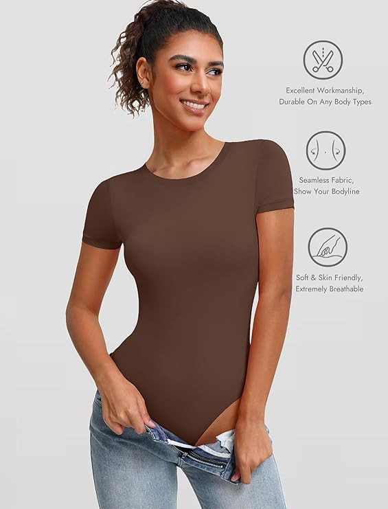 Avidlove Women's Short Sleeve Bodysuit Crew Neck Thong Body Suits Basic T-shirts Body Suit Going ... | Amazon (US)