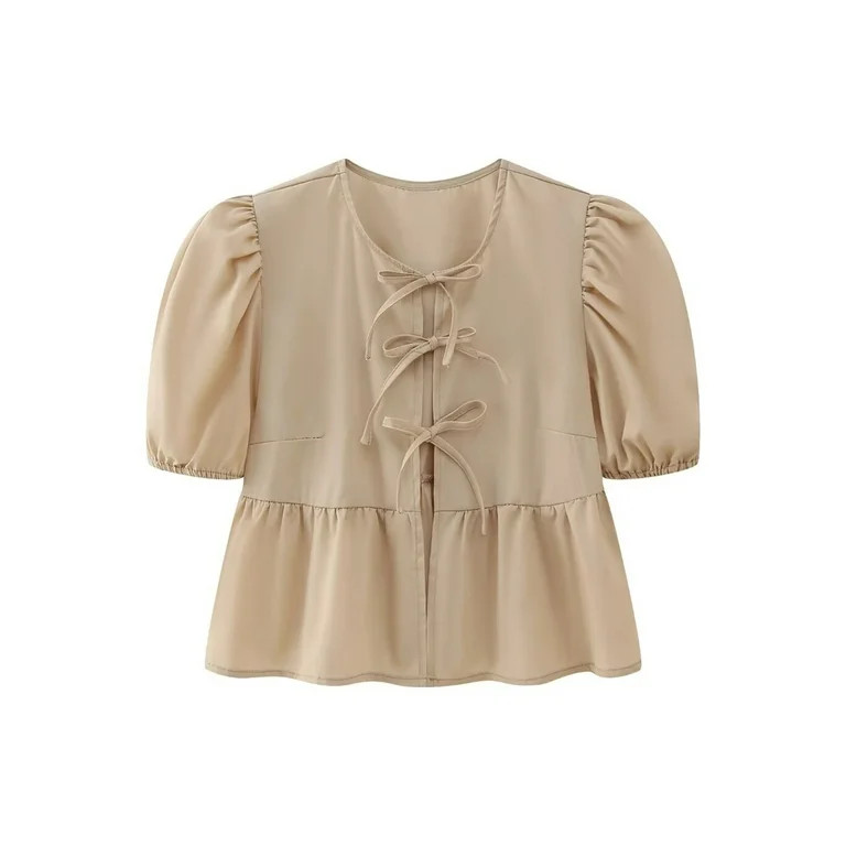 Bangyeer Women Tie Front Tops Puff Short Sleeve Peplum Shirts Going Out Lace up Crop Top Blouse | Walmart (US)