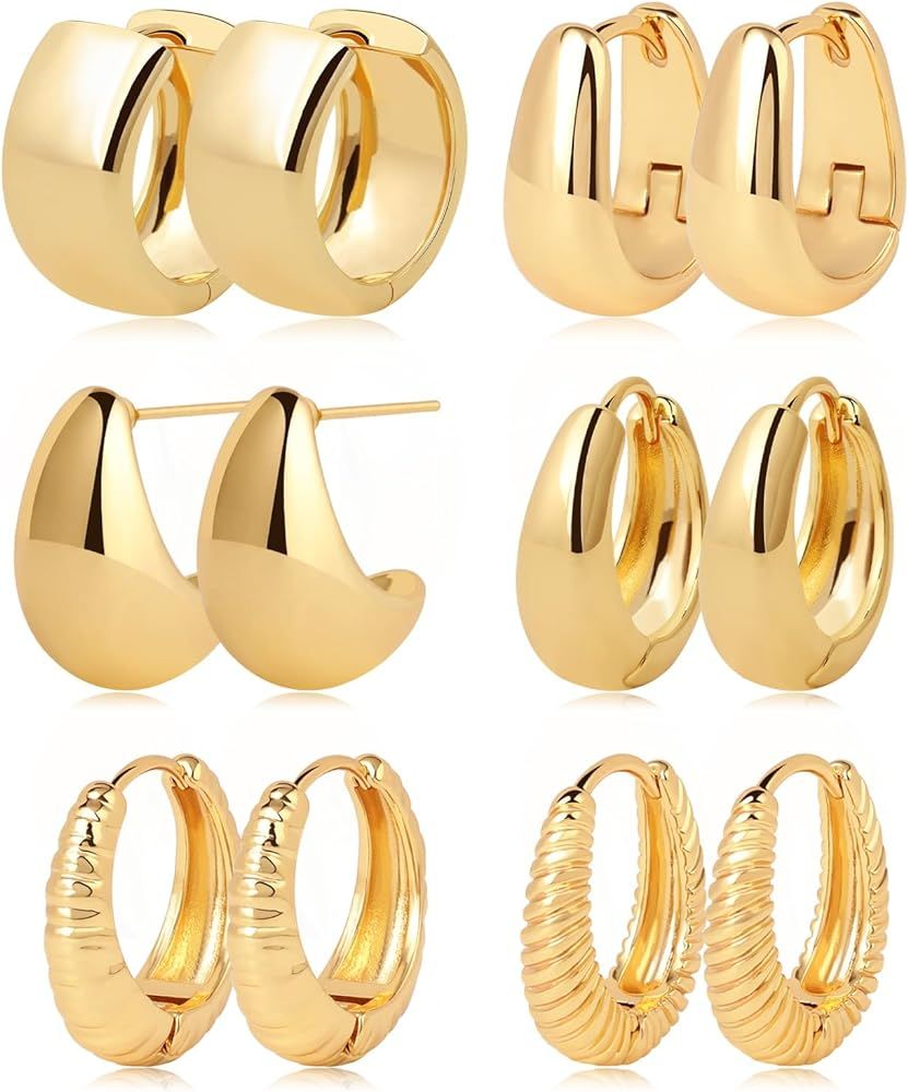 Gold Hoop Earrings Set 14k Gold Plated Huggie Earrings Chunky Twisted Thick Jewelry for Multiple ... | Amazon (US)